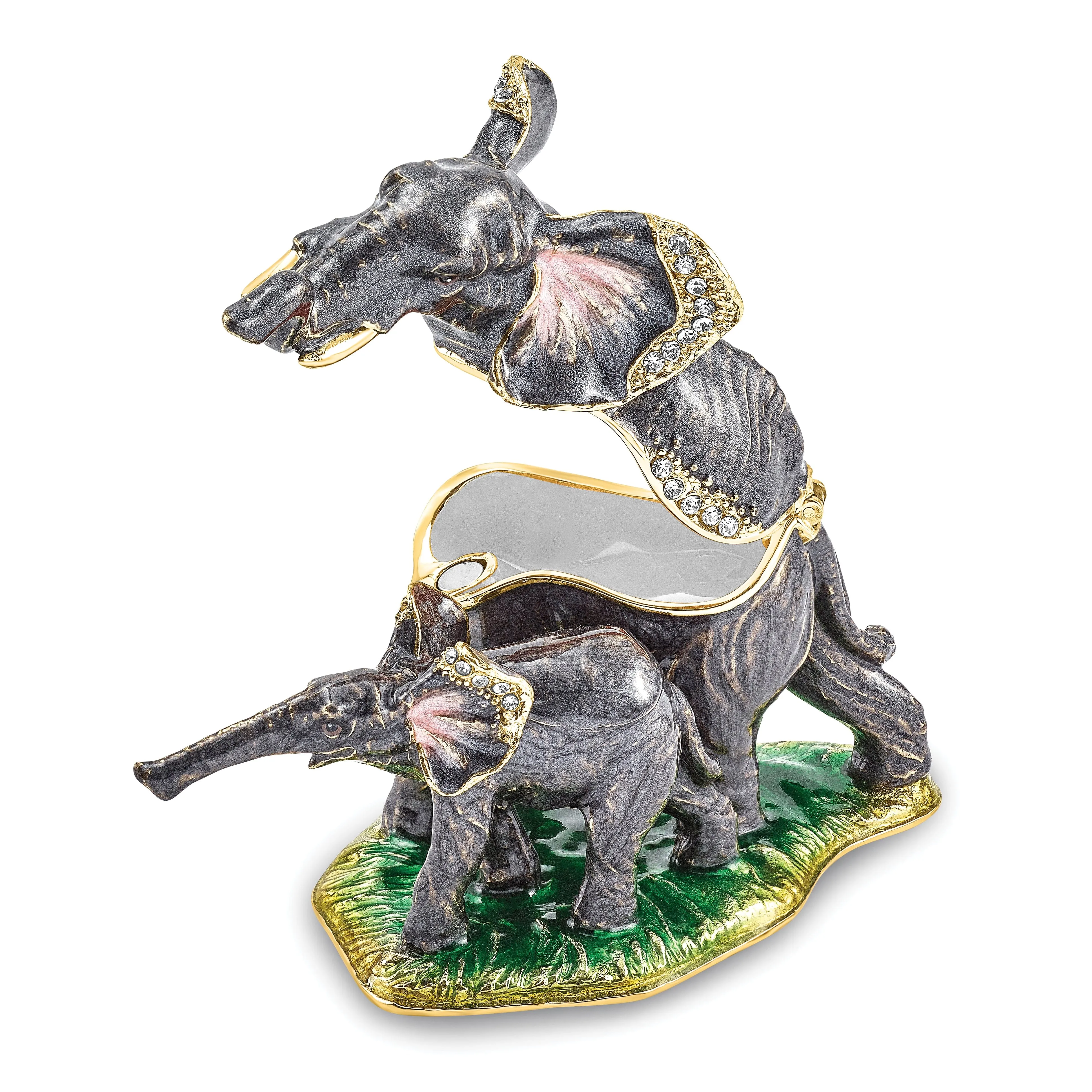 Bejeweled Green, Pink Color ELLA ELI Mom Baby Elephant Trinket Box
