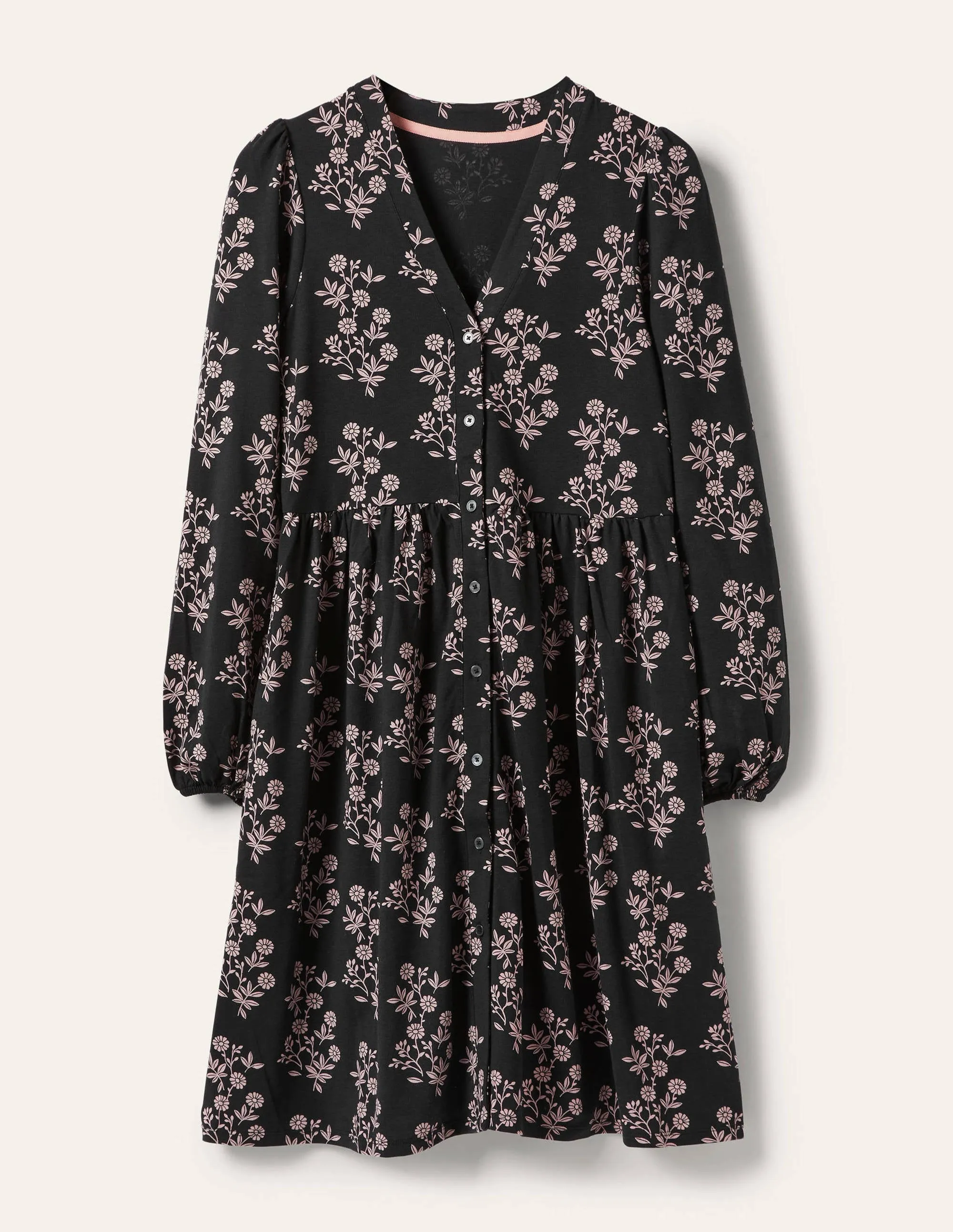 Button Through Jersey Dress-Black, Leafy Cluster