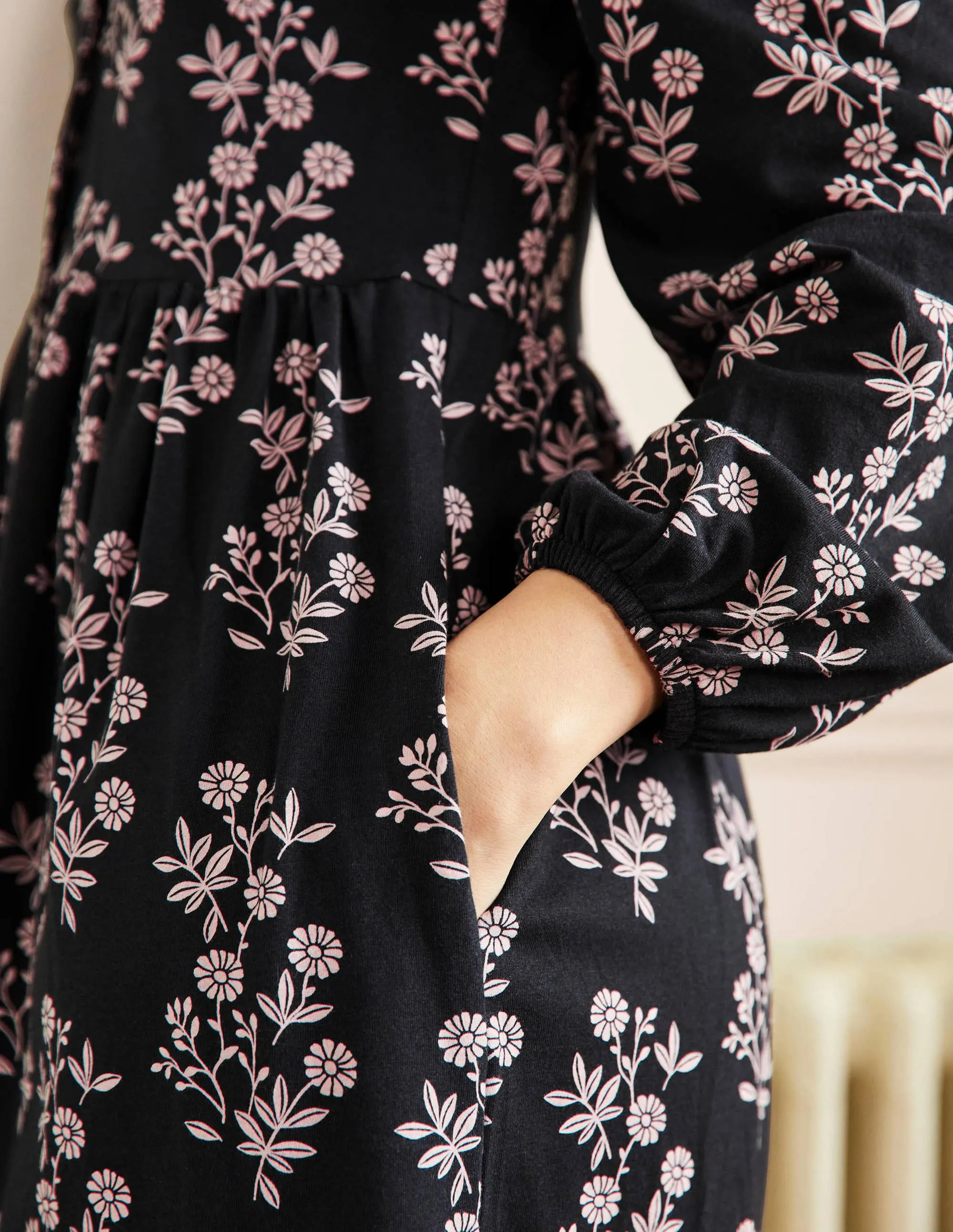 Button Through Jersey Dress-Black, Leafy Cluster