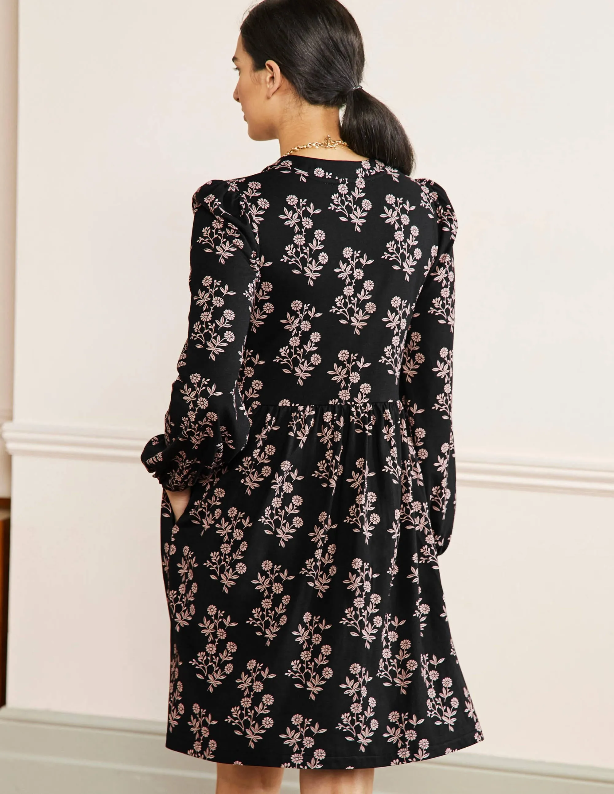 Button Through Jersey Dress-Black, Leafy Cluster