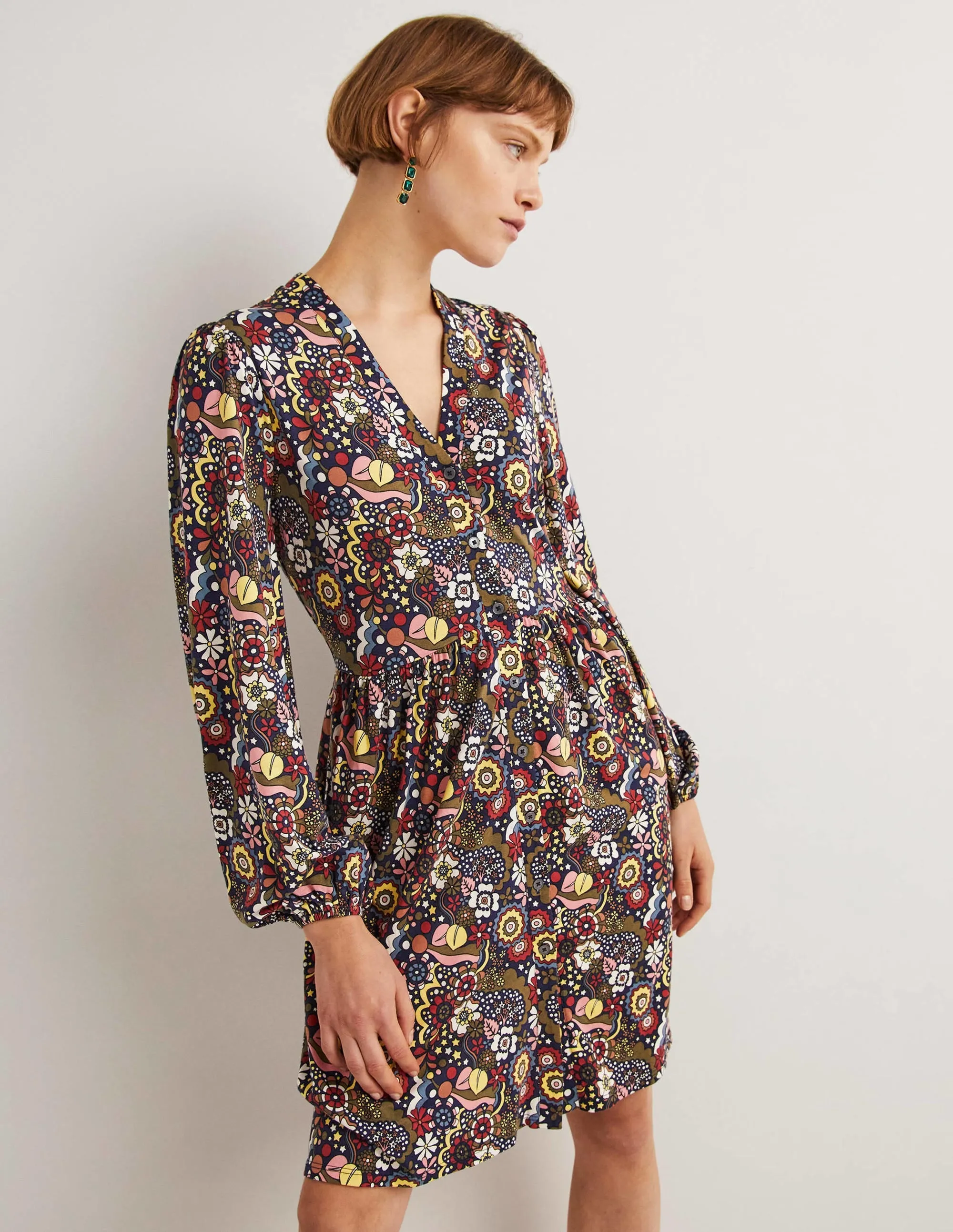 Button Through Jersey Dress-Multi, Paradise Swirl