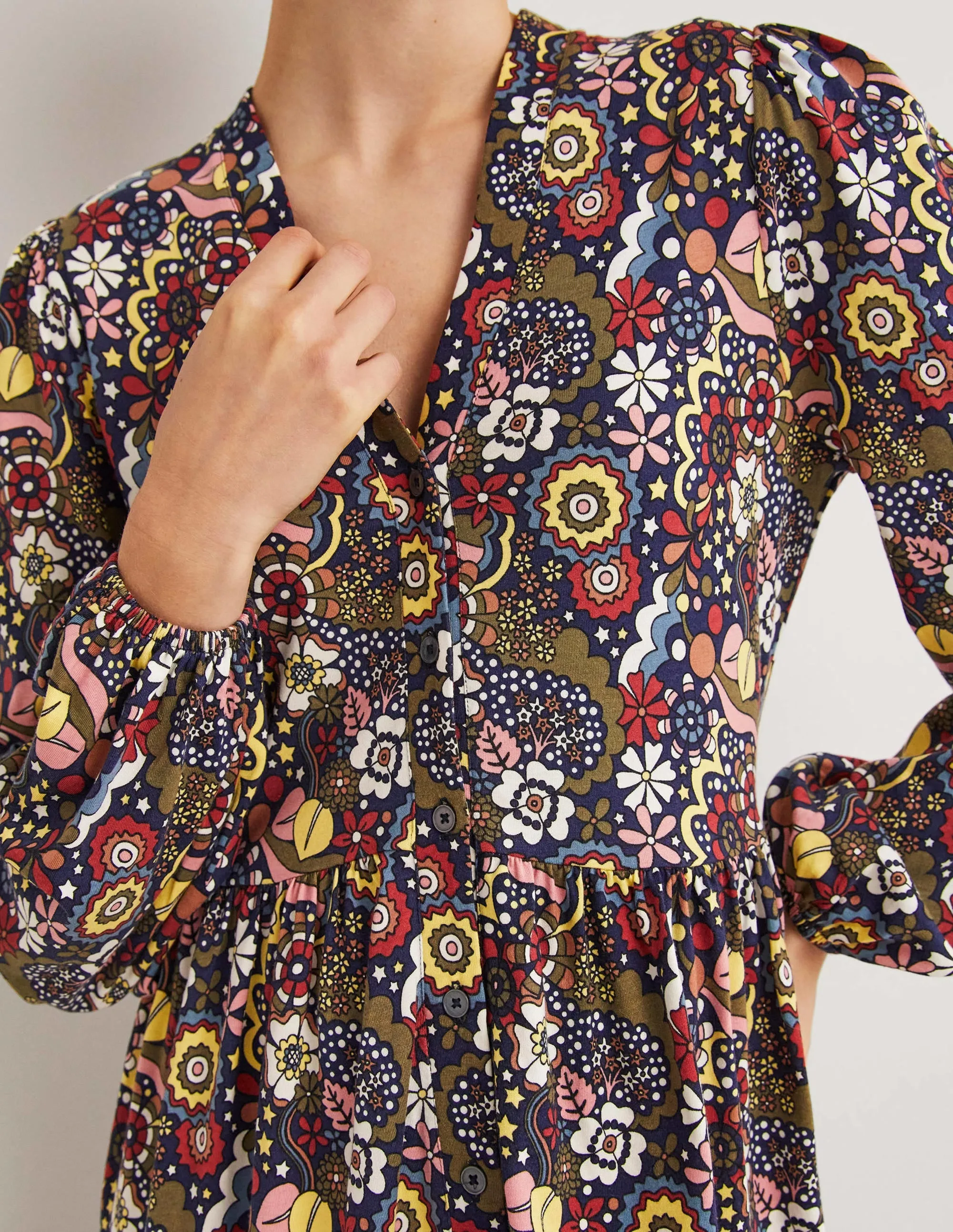 Button Through Jersey Dress-Multi, Paradise Swirl