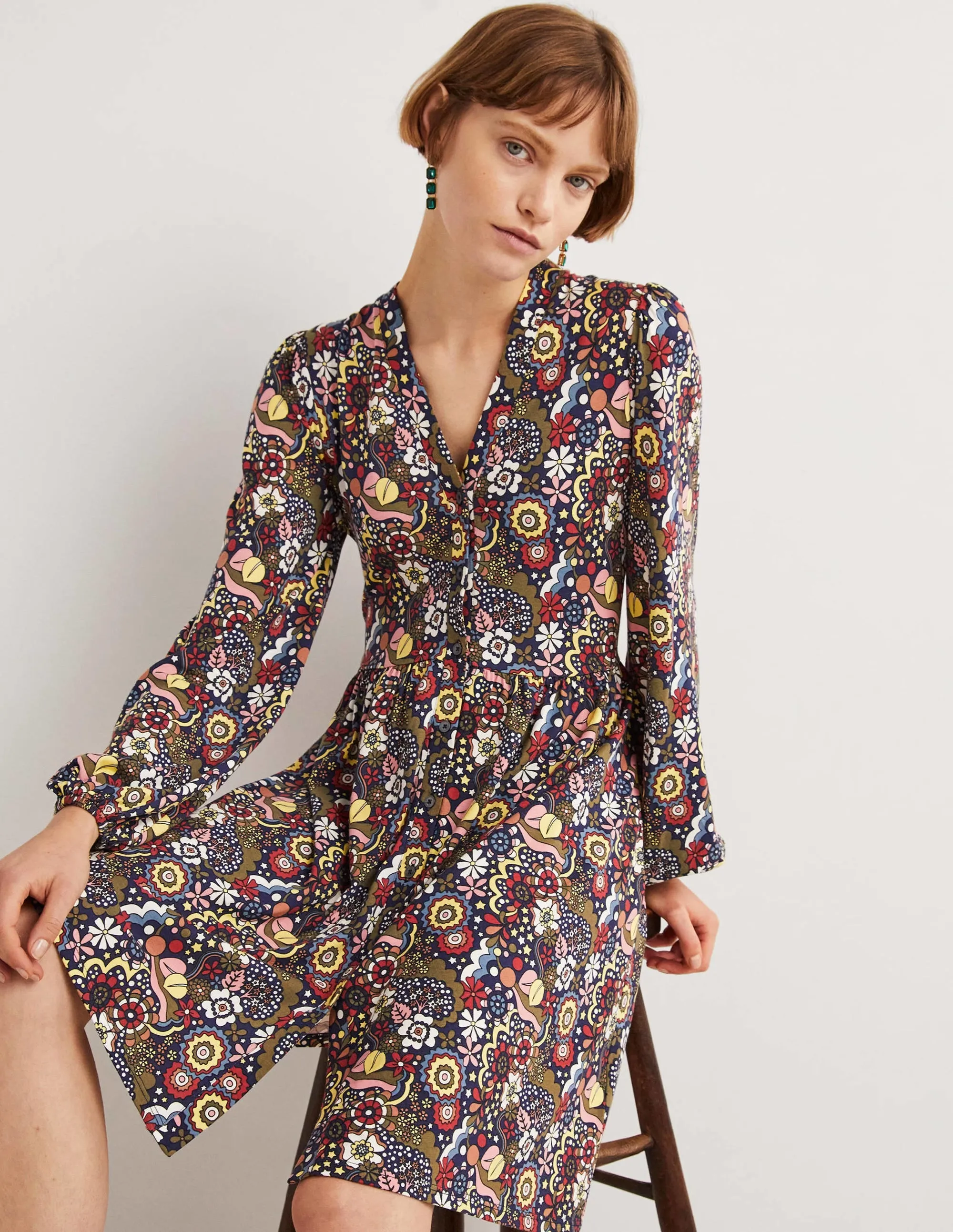 Button Through Jersey Dress-Multi, Paradise Swirl
