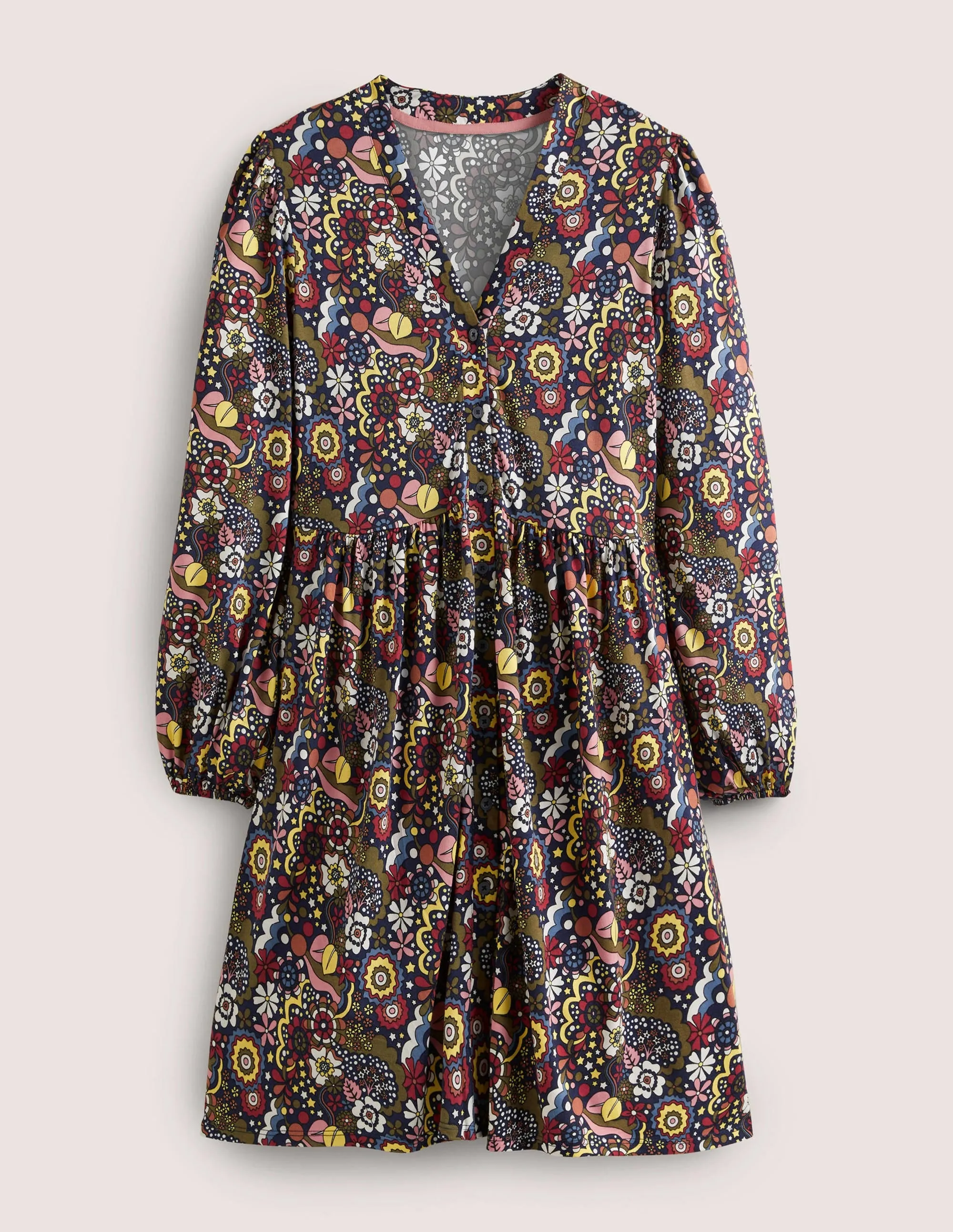 Button Through Jersey Dress-Multi, Paradise Swirl