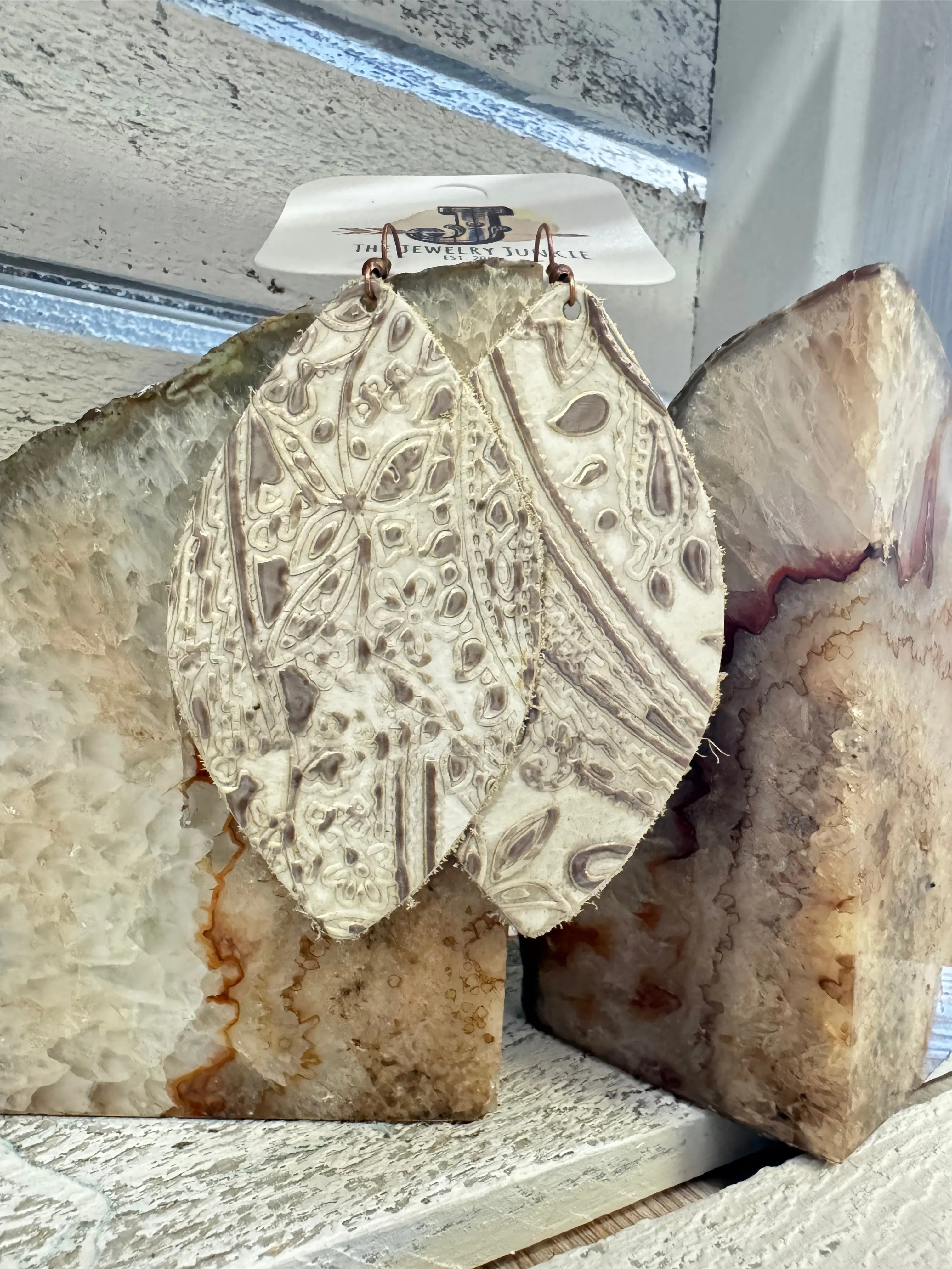 Genuine Leather Oval Earring in Oyster Paisley