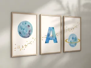 Personalized Blue Planet Set of 3 Nursery Art Prints, Wall Art, Galaxy Nursery Decor, Play Room, Boy space Baby Room Ideas, 138