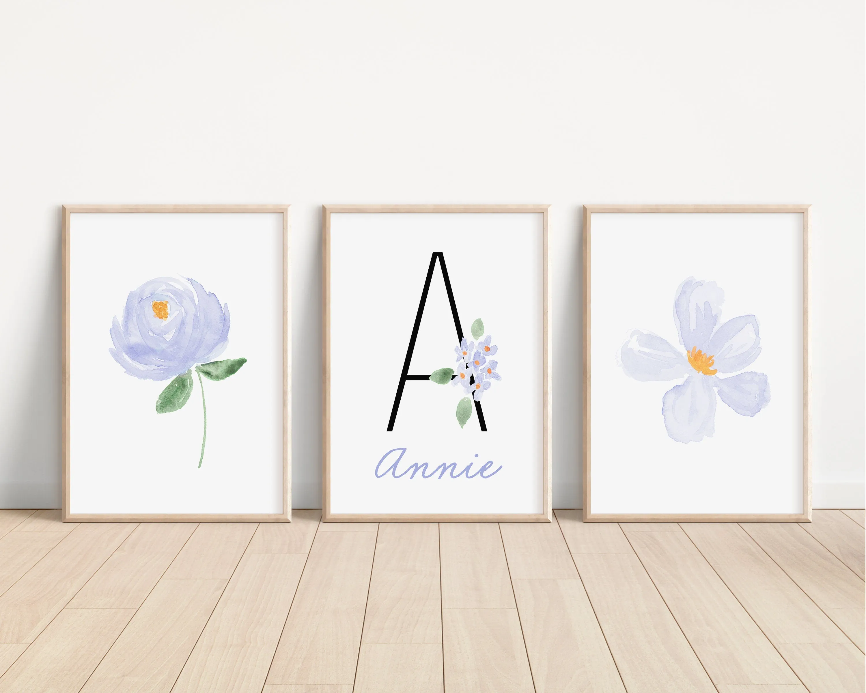 Personalized Lilac Purple Floral Set of 3 Nursery Art Prints, Purple Nursery Wall Art, Nursery Decor, Play Room, Girl Baby Room Ideas, 135