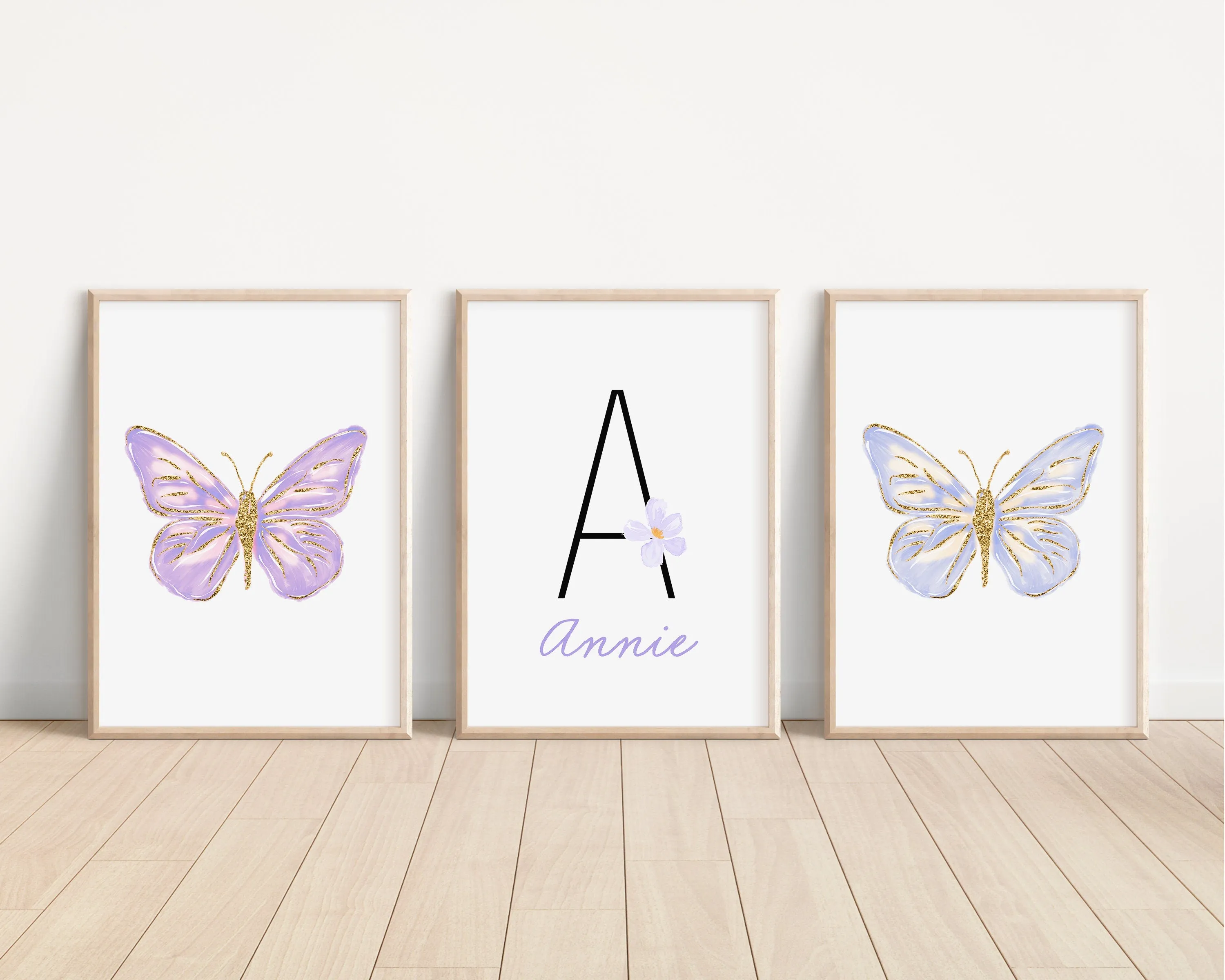 Personalized Purple Butterflies Set of 3 Nursery Art Prints, Butterfly Wall Art, Glitter Nursery Decor, Play Room, Girl Baby Room Ideas, 107
