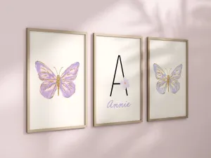 Personalized Purple Butterflies Set of 3 Nursery Art Prints, Butterfly Wall Art, Glitter Nursery Decor, Play Room, Girl Baby Room Ideas, 107