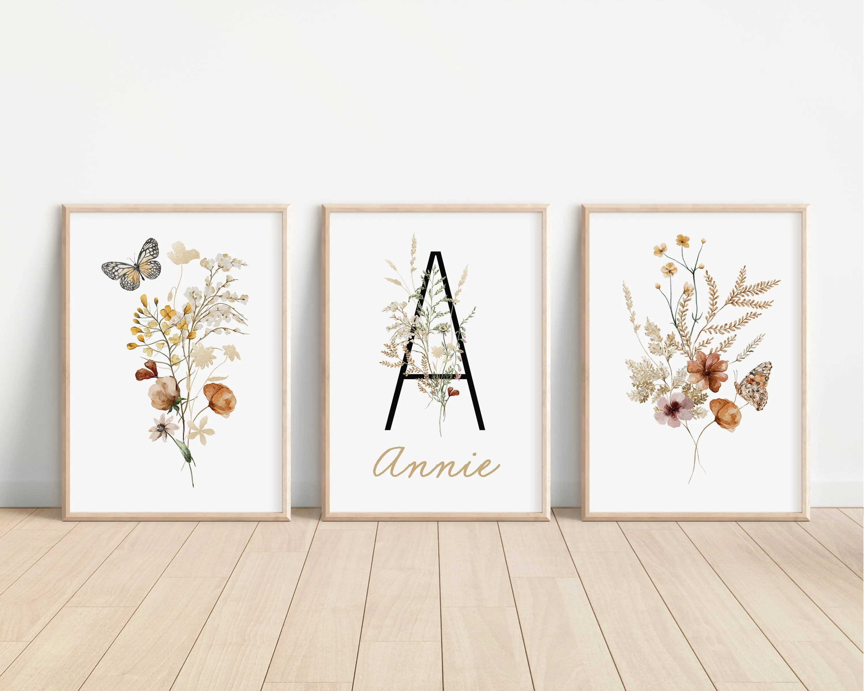 Personalized Set of 3 Boho Wildflowers Floral Art Prints, Leaf, Botanical, Bloom Bouquet, Nursery Decor, Play Room, Girl Baby Room Ideas