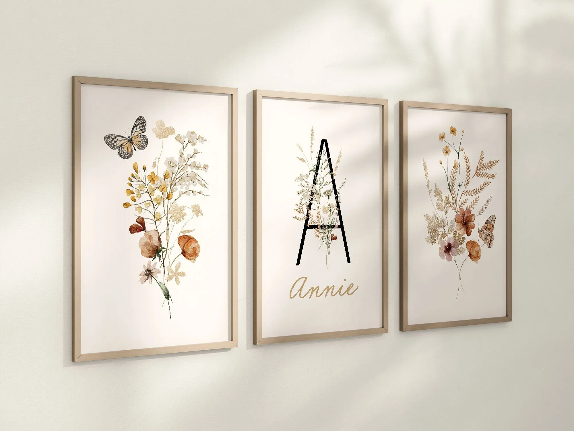 Personalized Set of 3 Boho Wildflowers Floral Art Prints, Leaf, Botanical, Bloom Bouquet, Nursery Decor, Play Room, Girl Baby Room Ideas