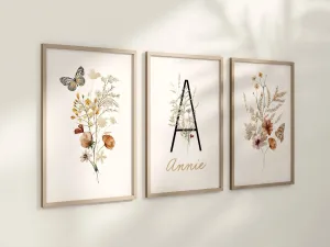 Personalized Set of 3 Boho Wildflowers Floral Art Prints, Leaf, Botanical, Bloom Bouquet, Nursery Decor, Play Room, Girl Baby Room Ideas