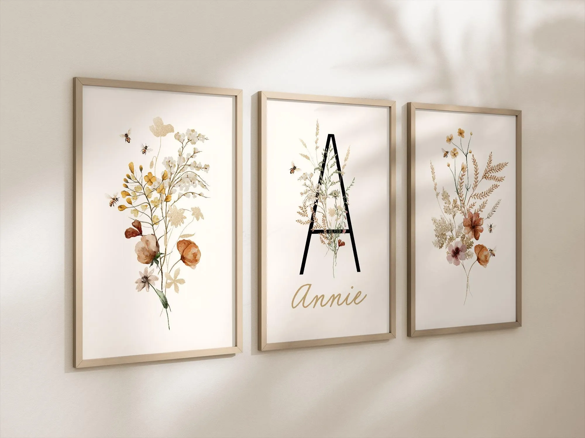 Personalized Set of 3 Honey Bee Wildflowers Floral Art Prints