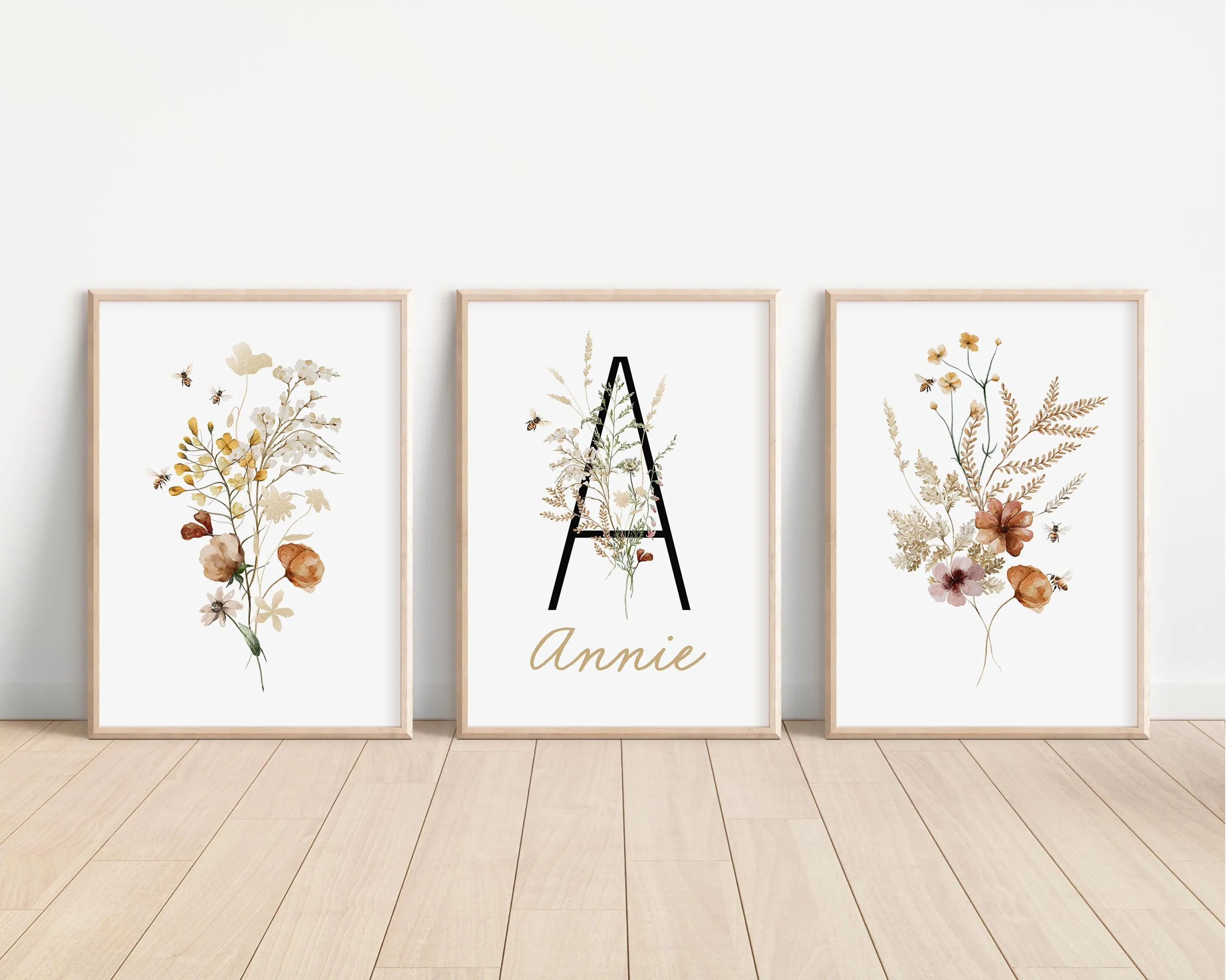 Personalized Set of 3 Honey Bee Wildflowers Floral Art Prints